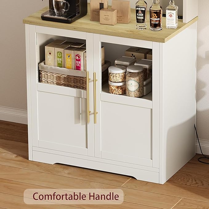 GAOMON Farmhouse Bakers Rack with Storage Cabinet and Power Outlets, Kitchen Pantry Organizer Hutch with Thickened Countertop, Microwave Stand with USB Ports, Multi-Shelf Storage, White & Peer Wood