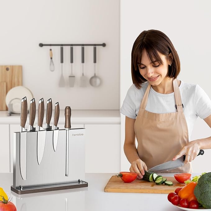 Magnetic Knife Block,Stainless Steel Magnetic Knife Holder Rack for Kitchen Counter,Strong Double Sided Magnet Knife Storage Stand with Wood Base