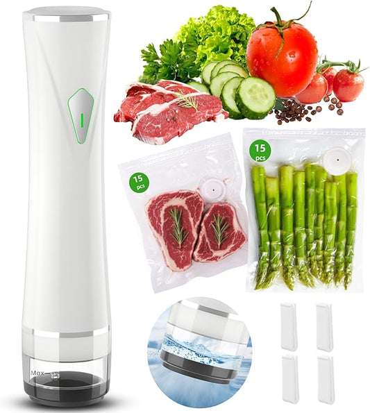 Vacuum Sealer Set (Vacuum Machine + 30 Reusable Vacuum Bags) Handheld Vacuum Sealer for Food, Portable Compact Food Sealer with Auto-Stop & Detachable Filter, 5X Freshness Lock