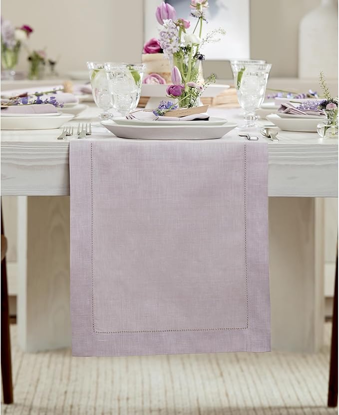 Solino Home Linen Lilac Table Runner 144 Inches Long - 100% Pure Linen Extra Long Table Runner 14 x 144 Inch for Valentines, Spring, Easter - Classic Hemstitch