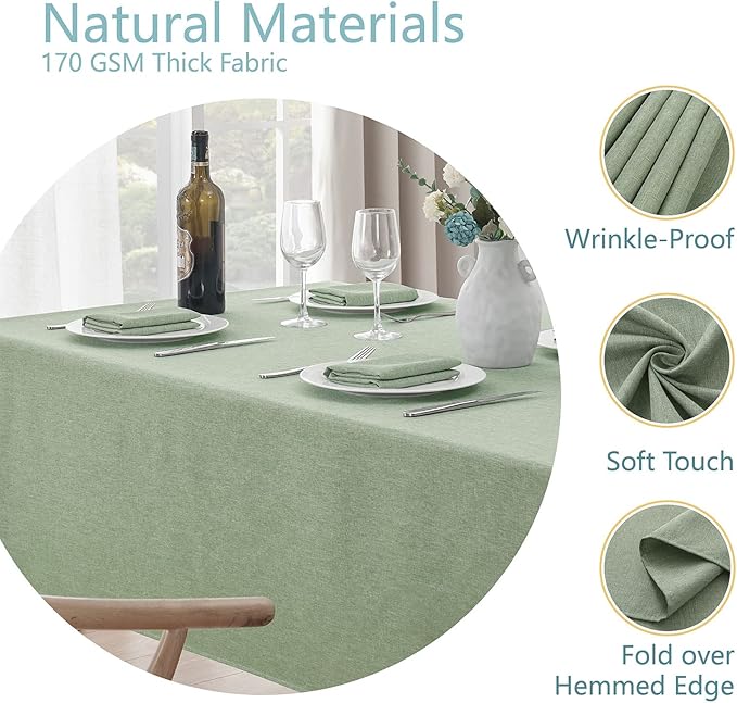 2 Pack Rectangle Tablecloth, 52x70 inch, Water Resistant Wrinkle Free Linen Textured Table Cloth Washable, Decorative Fabric Table Cover for Dining, Party and Camping, Sage Green