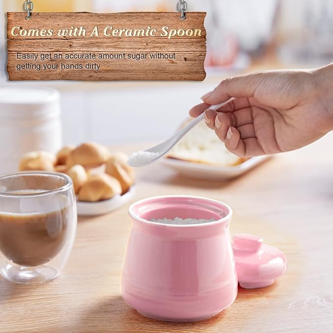 Sugar Bowl with Lid and Spoon - 12 oz Ceramic Sugar Bowl with Spoon - Sugar Container for Coffee Bar - Sugar Jar Sugar Dispenser Bowl - Pink Kitchen Decor and Accessories