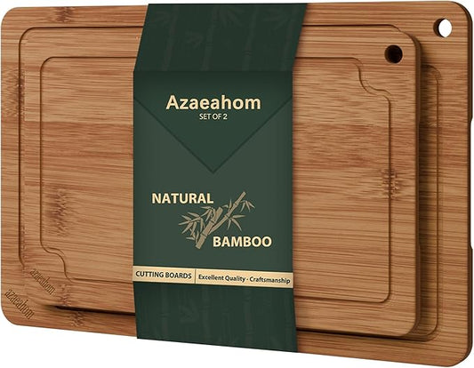 Bamboo Cutting Boards for Kitchen, Wood Cutting Board Set with Juice Grooves & Built-in Handles, Easy Storage & Clean Chopping Board for Meat, Vegetables, Fruit(2 Pcs)