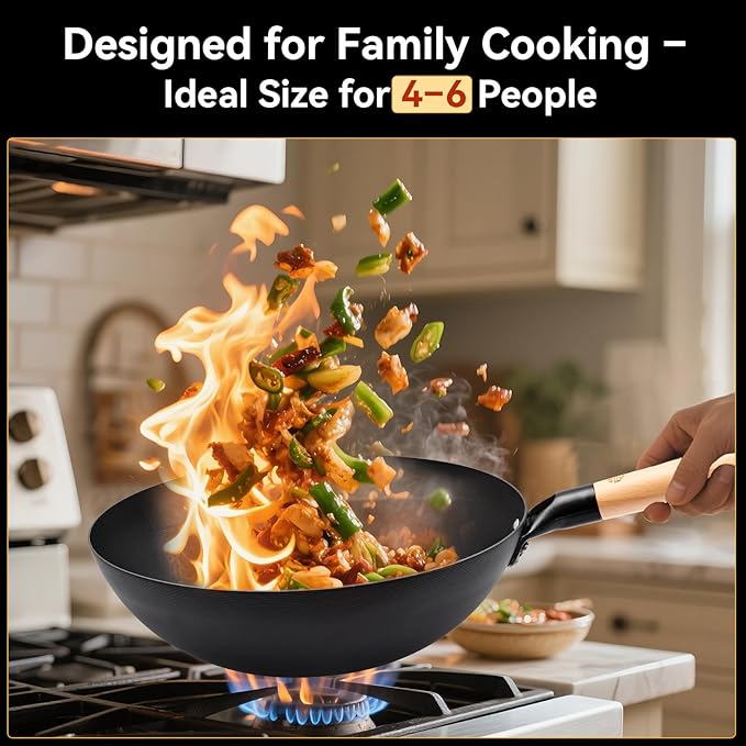 WANGYUANJI Lightweight Carbon Steel Wok with Lid, 12.6" Nitrided Stir Fry Pan - Pre-Seasoned & Rust-Resistant Iron Wok, Flat Bottom for Electric, Induction & Gas Stoves, Easy to Maneuver