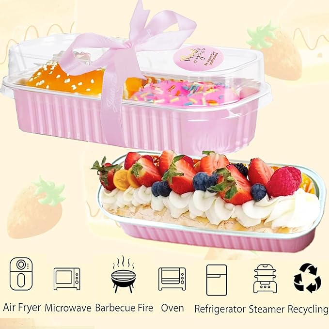 BZIDII 50 Pack Mini Loaf Pans with Lids and Spoons, 6.8 Oz Mini Cake Pans with Lids for Baking,Pink Disposable Rectangle Aluminum Foil Loaf Pan with Ribbon Stickers，Small Cake Containers Tin（Pink）