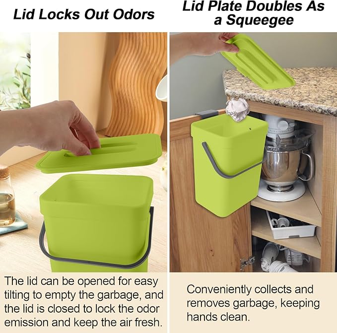 Compost Bin Kitchen, for use on Countertops or Under Sinks, Hanging Trash Can with Lid, for Cupboard/Bathroom/Bedroom/Office/Camping, Mountable Indoor Compost Bucket(Green 1.3 Gallon/5L)