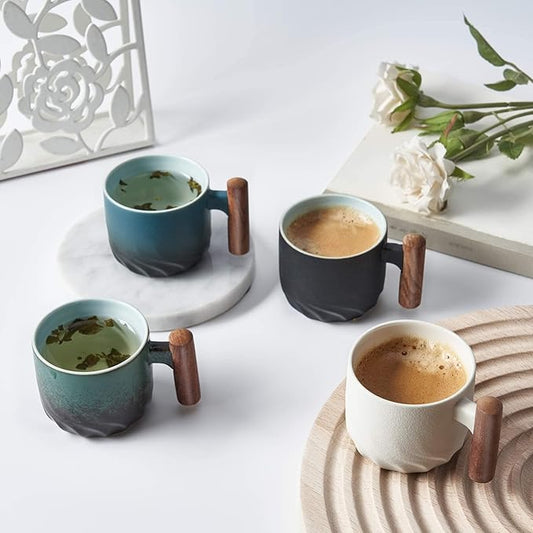 Ceramic Espresso Cups with Wooden Handle Shot Tea Porcelain Demitasse for Coffee or Tea, 3oz (Mixed, 4), 001