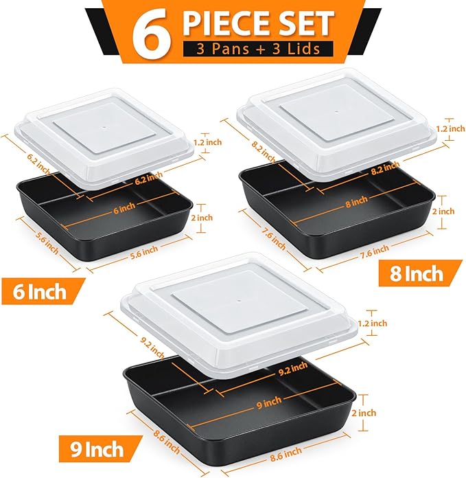 E-far 6/8/9-Inch Square Cake Pan with lid Set, Non-stick Square Baking Brownie Pans Bakeware Set of 3, Stainless Steel Core & Easy Clean - 6 Pieces(3 Pans + 3 Covers)