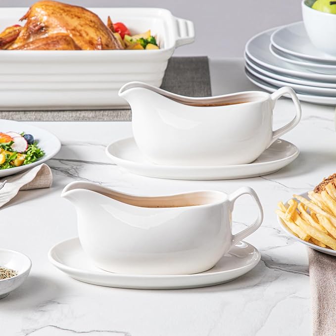 MALACASA 14 oz Gravy Boat with Saucer Stand, Porcelain Sauce Boat with Tray for Salad Dressings, Creamer, Broth, Milk, Ergonomic Handle, Microwave & Dishwasher Safe (White)