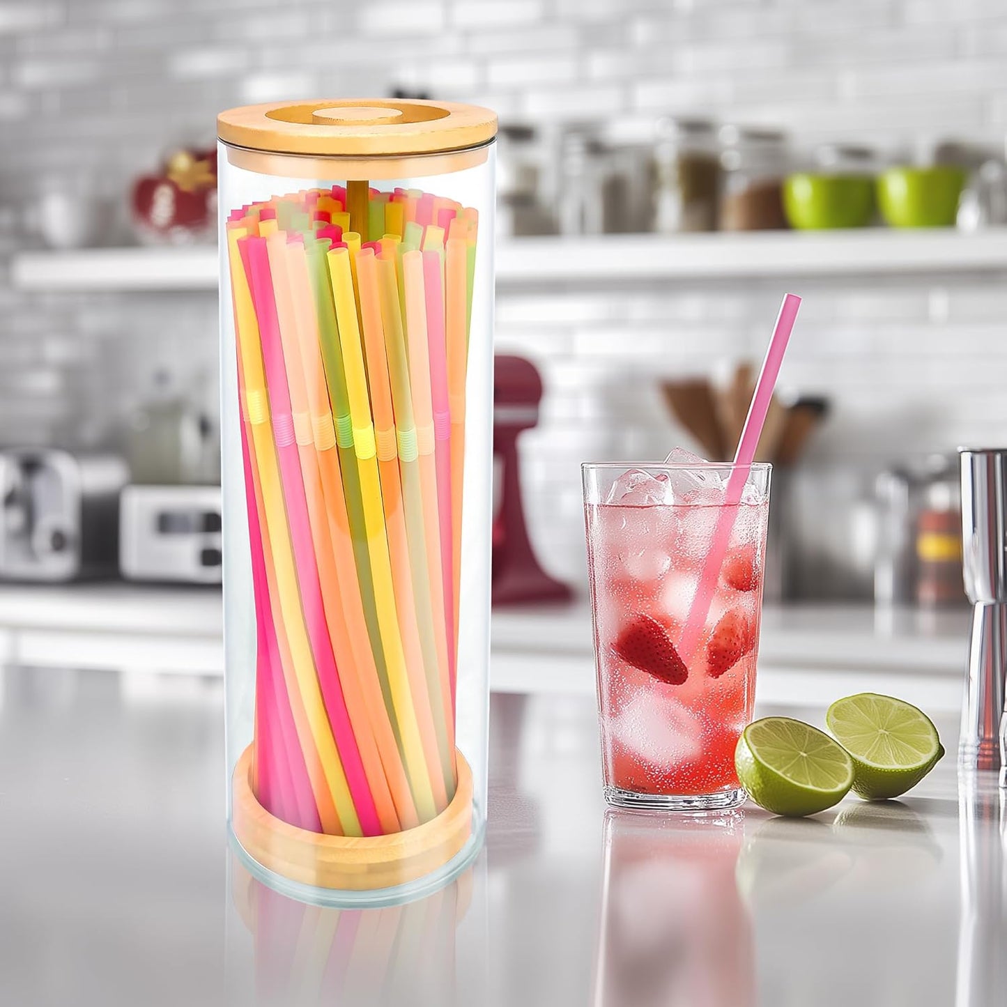 Straws Holder Dispenser for Counter, 10-Inch Drinking Straw Dispenser,Acrylic Straw Organizer with Bamboo Lid,Includes 100 Straws,Transparent Straw Storage Container for Kitchen,Pencils and Silverware