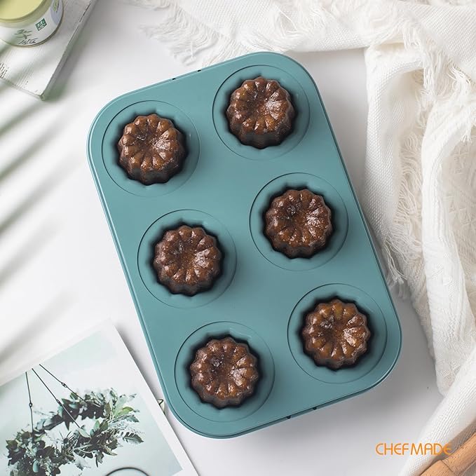 CHEFMADE Canele Mold Cake pan, 6-Cavity Muffin Pan, Non-Stick Cupcake Baking Pan Heavy Duty Carbon Steel Pan Muffin Tins Standard Baking Mold for Oven Baking（Green）