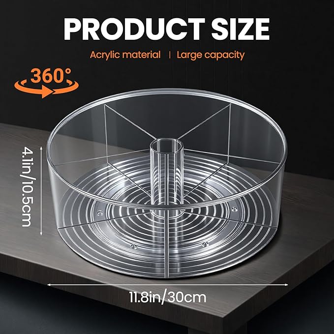 11.8" Lazy Susan Turntable Organizer, Clear Acrylic Spinning Shelf with Raised Edge - 360° Rotating for Fridge, Cabinet, Counter - Storage for Spices, Cosmetics, Food (5-Sections)