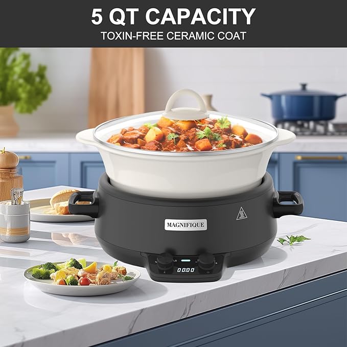MAGNIFIQUE Small 5 Quart Round Casserole Programmable Slow Cooker with Glazed Ceramic Liner, Food Warmer Perfect Kitchen Small Appliance for Family Dinners, Black