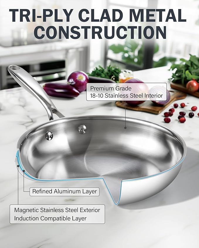 Cooks Standard Frying Pan Stainless Steel, 12-Inch Multi-Ply Clad wok Stir Fry Pan Kitchen Skillet, Silver