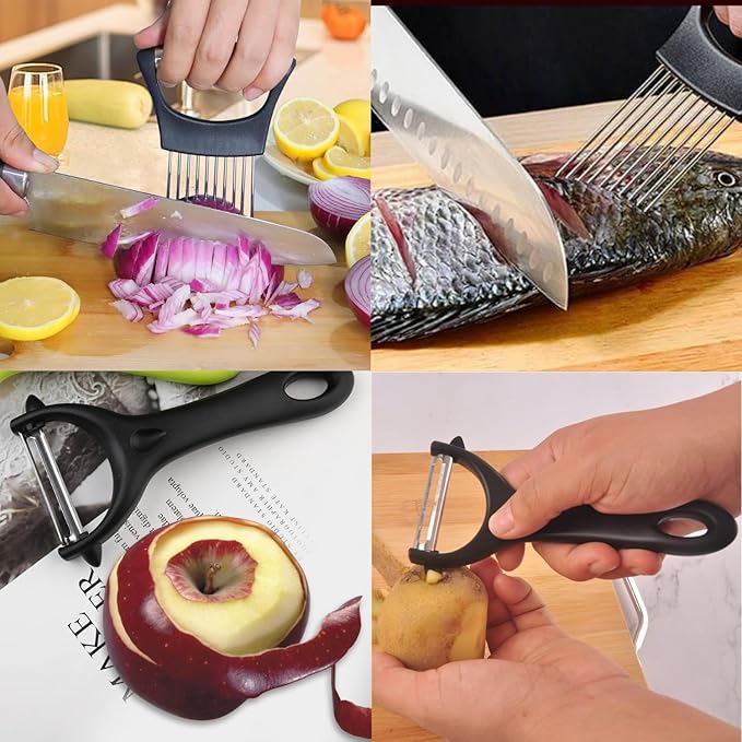 Potato Peelers for Kitchen – Stainless Steel Potato Slicing Guide with Safety Handle + Dual Blade Peeler for Easy Food Prep – Perfect for Onions, Tomatoes, Potatoes, and More