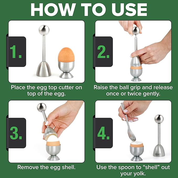 Eparé Egg Cups & Cracker Set - Egg Cups for Soft Boiled Eggs British - Stainless Steel Egg Topper Cutter - Egg Spoons & Egg Holder for Boiled Eggs