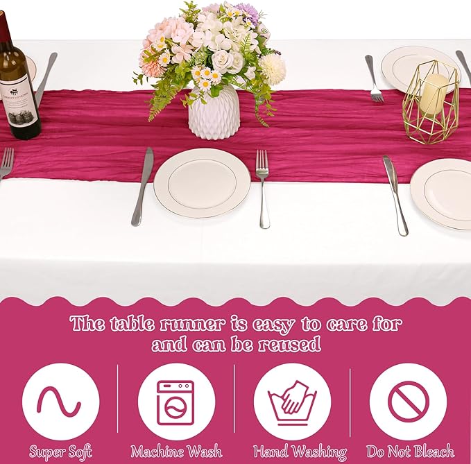 10 Pack Cheesecloth Table Runner 10FT Boho Gauze Rustic Fabric Table Runner Vintage Sheer Tablecloth for Wedding Party Bridal Baby Shower Decorations (Fushia)