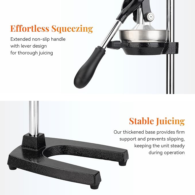 Cast Iron Juicer, Heavy-Duty Manual Juicer Hand Press, Citrus Juicer for Lemons, Oranges, Pomegranates, Grapefruits, and Other Fruits, Easy-To-Use and Clean Stainless Steel Lemon Squeezer (Black)