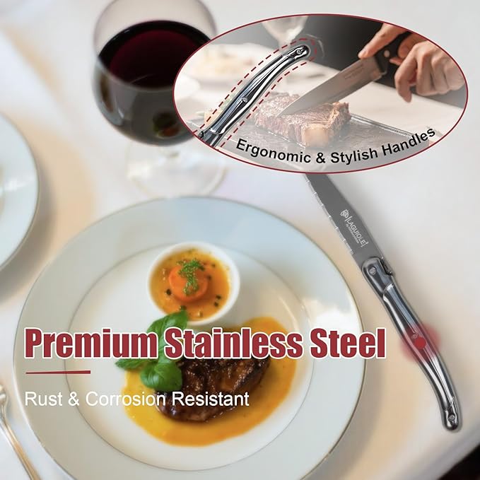 Laguiole Style Steak Knives Set of 8, Serrated Stainless Steel Steak Knife Set, Elegant French Design, Dishwasher Safe, Gift Box for Dinner & BBQ (sliver-8)
