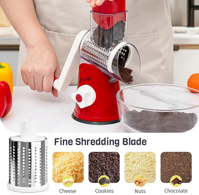 Rotary Cheese Grater Hand Crank, 3 Blades Slicer Shredder, Cheese Grater for Kitchen, Multi-Functional Kitchen Tool for Vegetables, Nuts, Chocolate, with Strong Suction Base, Red