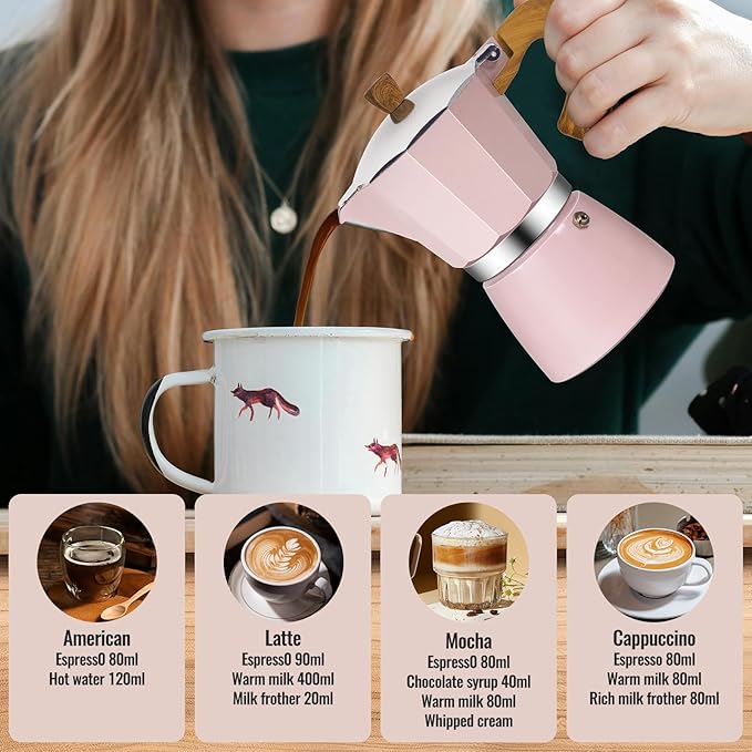 Vaolvpant 3 Cup Aluminum Moka Pot Classic Stovetop Espresso Coffee Maker 150ml 5oz Coffeemaker Percolator Mocha Pot Greca Coffee Maker Cafe Makers for Italian and Cuban Café Brewing Pink