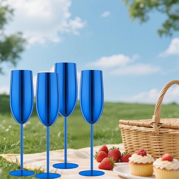 Stainless Steel Champagne Flutes Set of 4-Wedding &Birthday Gifts,8.5 Oz Unbreakable Champagne Glass with Long Stem,Reusable Indoor Outdoor Drinkware (Blue)