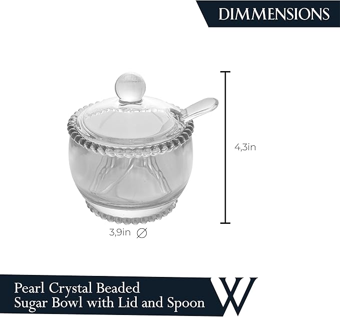 WOLFF Pearl Crystal Beaded Sugar Bowl with Lid and Spoon, Clear Crystal Sugar Holder, 6.7 oz Capacity, Dish for Salt Condiments and Spices (Clear, Sugar Bowl)