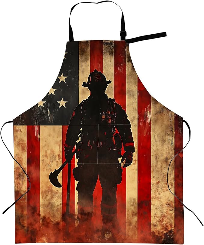 Firefighter Retro Apron with Adjustable Neck Strap,American Flag Vintage Kitchen Aprons with 2 Pockets for Women,28x33in,Oxford Fabric,Gifts for Wife Mom,For Chef Cooking Baking Gardening BBQ