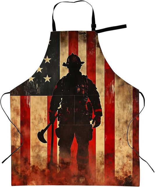 Firefighter Retro Apron with Adjustable Neck Strap,American Flag Vintage Kitchen Aprons with 2 Pockets for Women,28x33in,Oxford Fabric,Gifts for Wife Mom,For Chef Cooking Baking Gardening BBQ