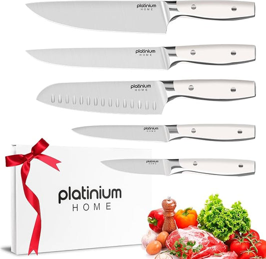 Kitchen Knife Set of 5,Professional Chef knife High Carbon Stainless Steel White Chefs Knives for Home Cooking, Includes Chef, Santoku, Boning, Utility, Peeling Knives with Gift Box