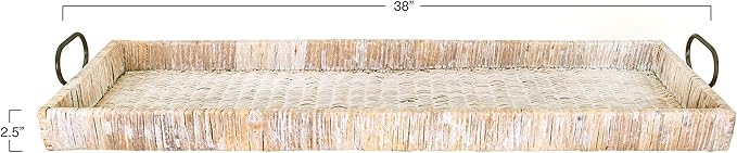 Creative Co-Op Oversize Decorative Rattan Tray with Metal Handles, Tan, Whitewashed