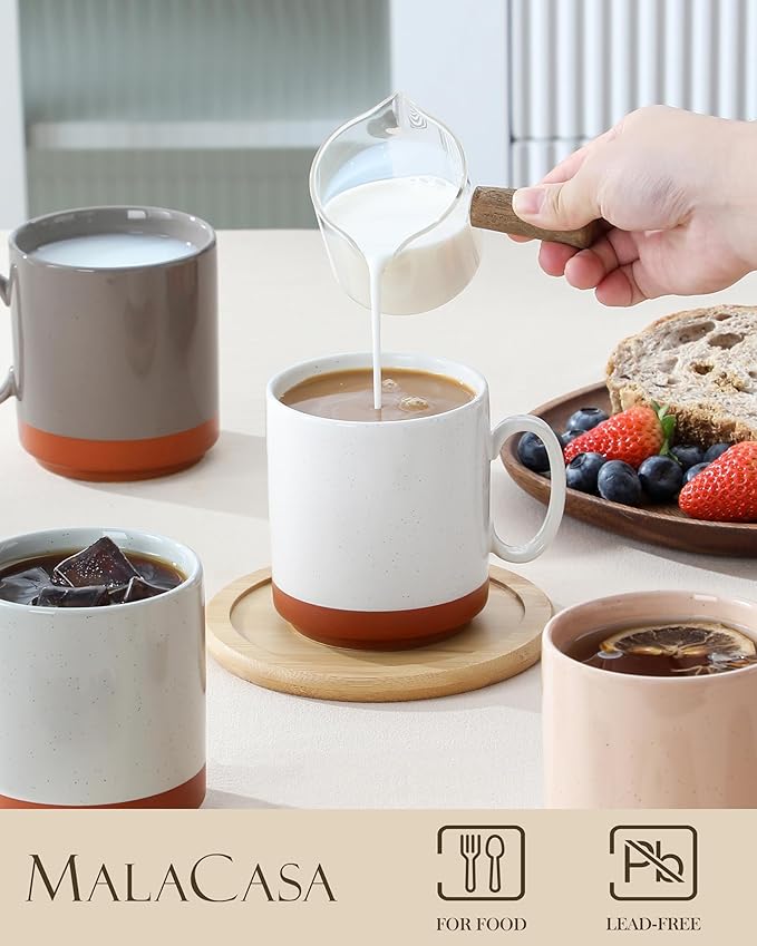 MALACASA 12oz Ceramic Coffee Mugs Set of 4, Stackable Coffee Cups with Straight-Sided Design, Mugs for Coffee, Latte, Tea, Hot Chocolate, Cappuccino and Cocoa, Microwave & Dishwasher Safe, Multicolor