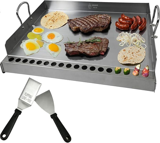 Universal Stainless Steel Flat Top Griddle Insert for Gas & Charcoal Grills – Nonstick, Even Heating & Easy Clean, Includes Turner & Scraper, Ideal for Outdoor BBQ, Tailgating & Camping, 23" x 16"