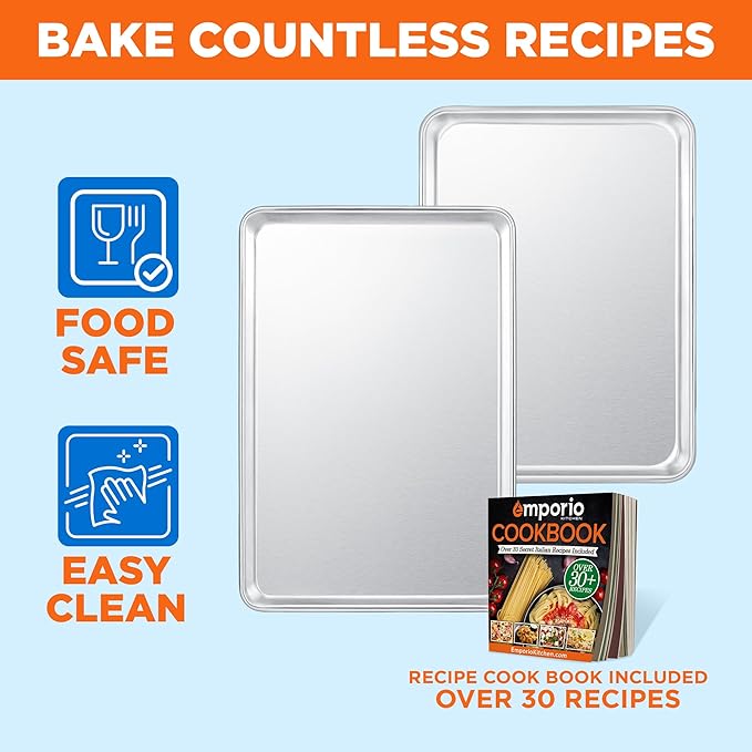 Baking Pan Set - Small and Medium Aluminum Cookie Sheet Pan (9" x 13" and 10.5" x 15"), PFOA, PFOS, PTFE Free, Recipe Booklet Included, Oven Safe Tray, Resist Heat UpTo 500°F, Set of 2
