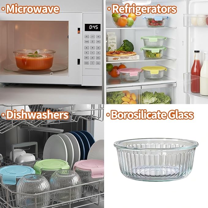 Small Round Glass Food Storage Containers with Lids, 1.5 Cup Round Food Containers set BPA-Free, 12oz Glass Lunch Bowls for Soup Leftover, Microwave, Dishwasher and Freezer Safe (4pack)