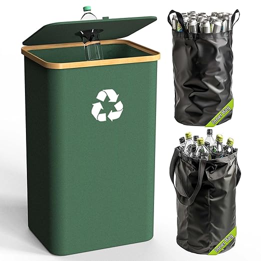 Recycling Bin for Kitchen Indoor Home, Large 100L/ 26 Gallon Recycle Bin with Lid Removeable Reusable Inner Bag Bottle Can Glass Waste Plastice Stickers (Green, 26 Gallon)