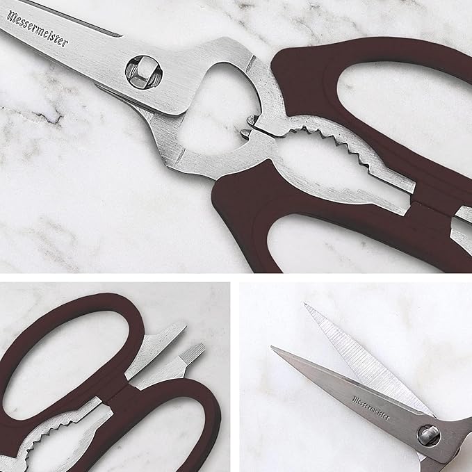 Messermeister 8-Inch Take-Apart Kitchen Scissors, Black - Includes Screwdriver, Nut Cracker, Jar Lid Opener/Gripper, Bottle Opener & Bone + Twig Cutter - Suitable for Lefties & Righties