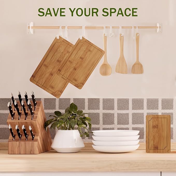 Bamboo Cutting Boards for Kitchen, Wood Cutting Board Set with Juice Grooves & Built-in Handles, Large Medium Small Chopping Board for Meat, Vegetables, Fruit