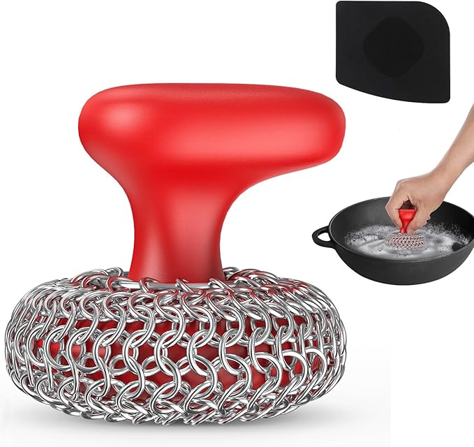 Purgreat Cast Iron Scrubber | Dish Scrub Brush | 316 Cast Iron Cleaner Chainmail Scrubber for Pan Skillet Cleaner - Red
