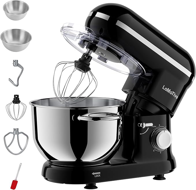 LoMoTive Stand Mixer 6QT Dough Maker - 660W Dough Mixer 6-Speed Electric Mixer with Egg Whisk Dough Hook Flat Beater for Home Kitchen BLACK