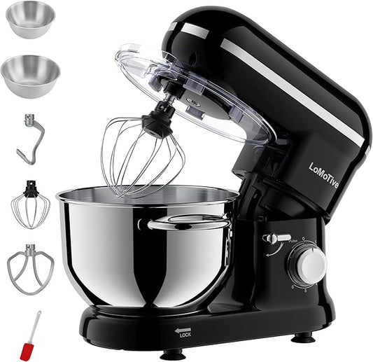 LoMoTive Stand Mixer 6QT Dough Maker - 660W Dough Mixer 6-Speed Electric Mixer with Egg Whisk Dough Hook Flat Beater for Home Kitchen BLACK