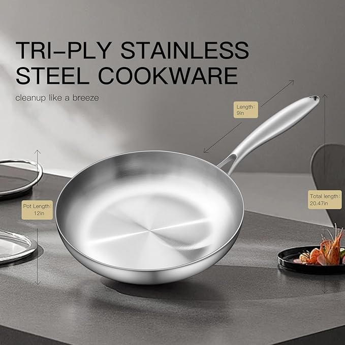 12" Stainless Steel Frying pan, 3-Ply Stainless Steel Pan, Induction, Oven Broiler Safe 600F Skillet, Professional Cookware, Silver，Suitable for All Stove (Detachable Handle)