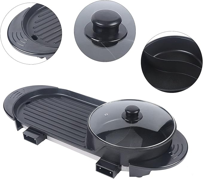 PanDair 2 In 1 Portable Electric Hot Pot Barbecue Grill Non-Stick Teppanyaki Pan Soup w/5-speed Automatic Regulator 110V Korean BBQ Grill