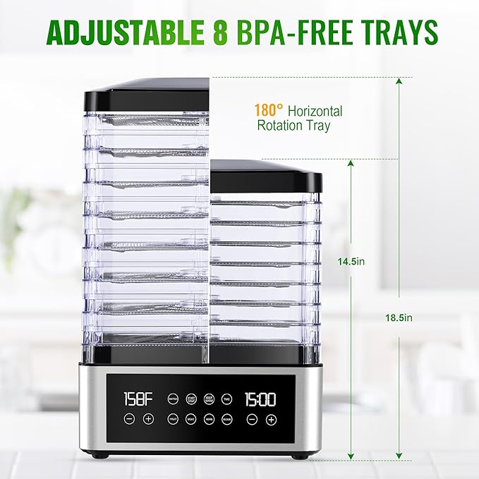 Food Dehydrator Machine, 8 Stainless Steel Trays Food Dehydrator with 48H Digital Adjustable Timer & Temperature Control, Dehydrators for Jerky, Fruit, Veggies, Meat, Herbs, Dog Treats