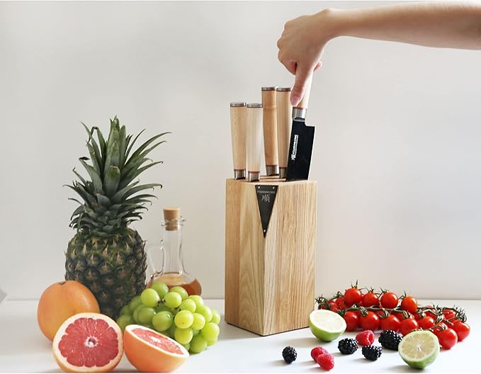 YOUSUNLONG Knife Block Sets - 5 Piece Chef Knife Set - Japanese AUS8 Steel Black Titanium - Natural Fraxinus Americana Wood Knife Holder - Canadian Maple Wood Handle - With Gift Box