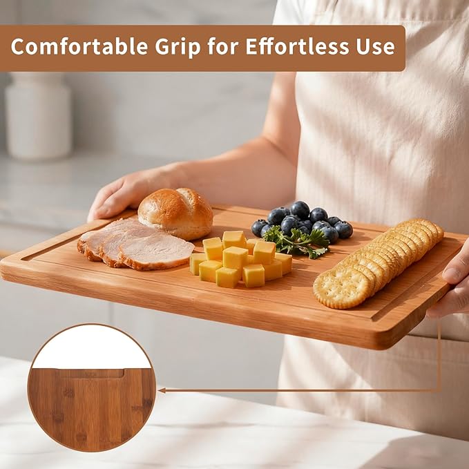 Tafopue Bamboo Cutting Board, Large Kitchen Chopping Board with Deep Juice Groove & Built-in Handle, Reversible Wooden Charcuterie Board and Serving Tray for Meat, Bread, Fruit, Daily Use, 16×11×0.6''