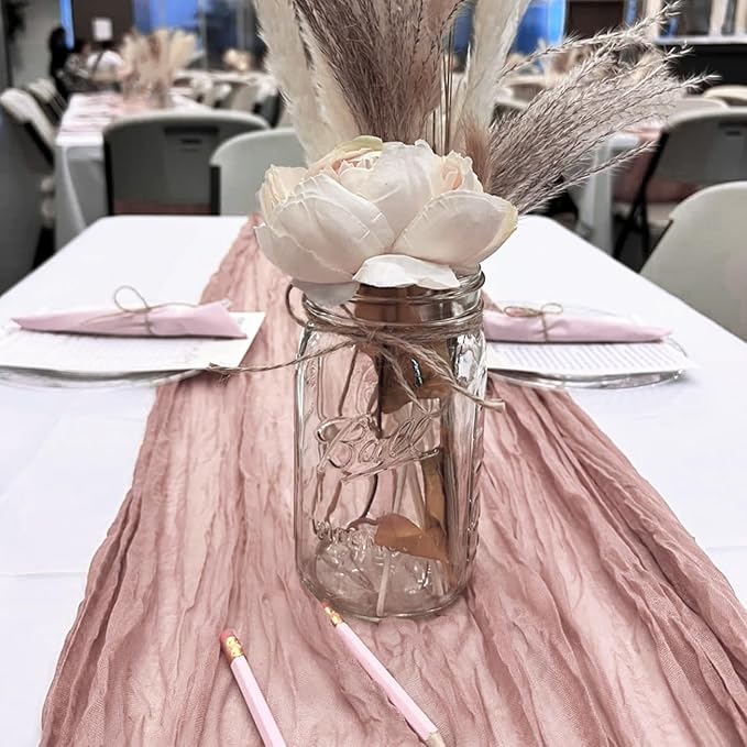 10 Pack Dusty Pink Cheesecloth Table Runner 10FT Boho Gauze Fabric Table Runner Vintage Rustic Sheer Runners for Wedding Party Bridal Baby Shower Long Table Decorations