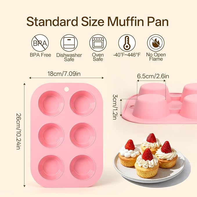 Firstfooby 2 Pack Silicone Muffin Pan for Baking, Regular Size Nonstick Cupcake Pan, 6-Cup Silicone Muffin Tin BPA Free Dishwasher Safe, Great for Muffin Cupcake Brownie Egg Tart