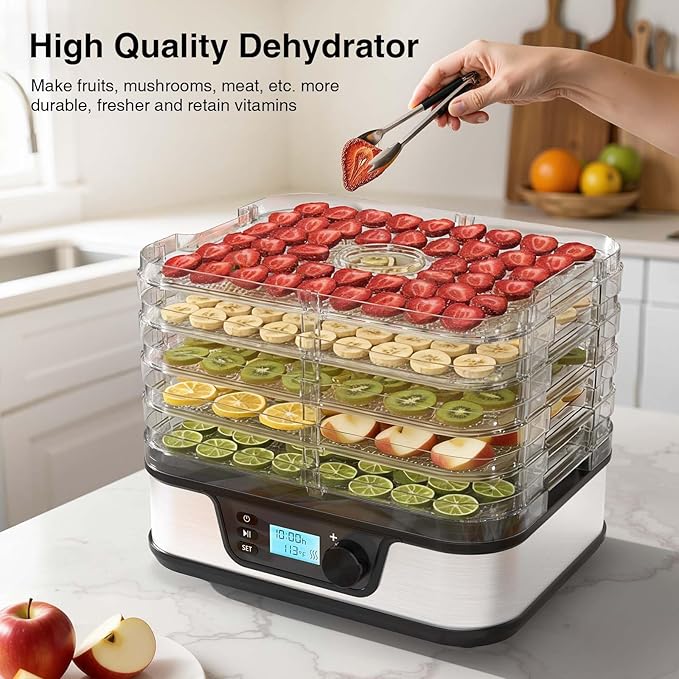 Food Dehydrator, Metallic Silver | 5 Stainless Steel & BPA-free trays, Adjustable Temperature, 72H Timer, Dehydrator for Meats, Jerky, Fruits, Veggies and Pet Treats
