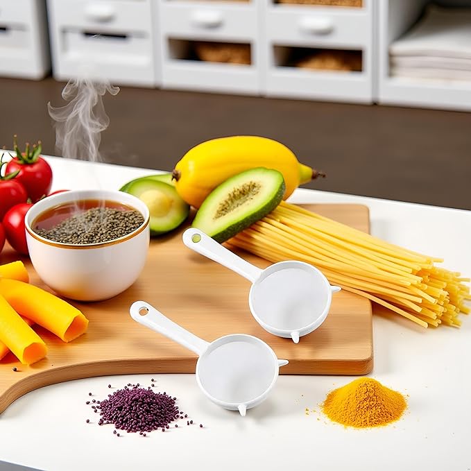 2Pcs Small White Mesh Kitchen Sifter - Plastic Mesh Strainers Sieve,Colanders and Sieve with Handle for Tea Pasta Flour Rice Fruits Vegetable, Food Strainers